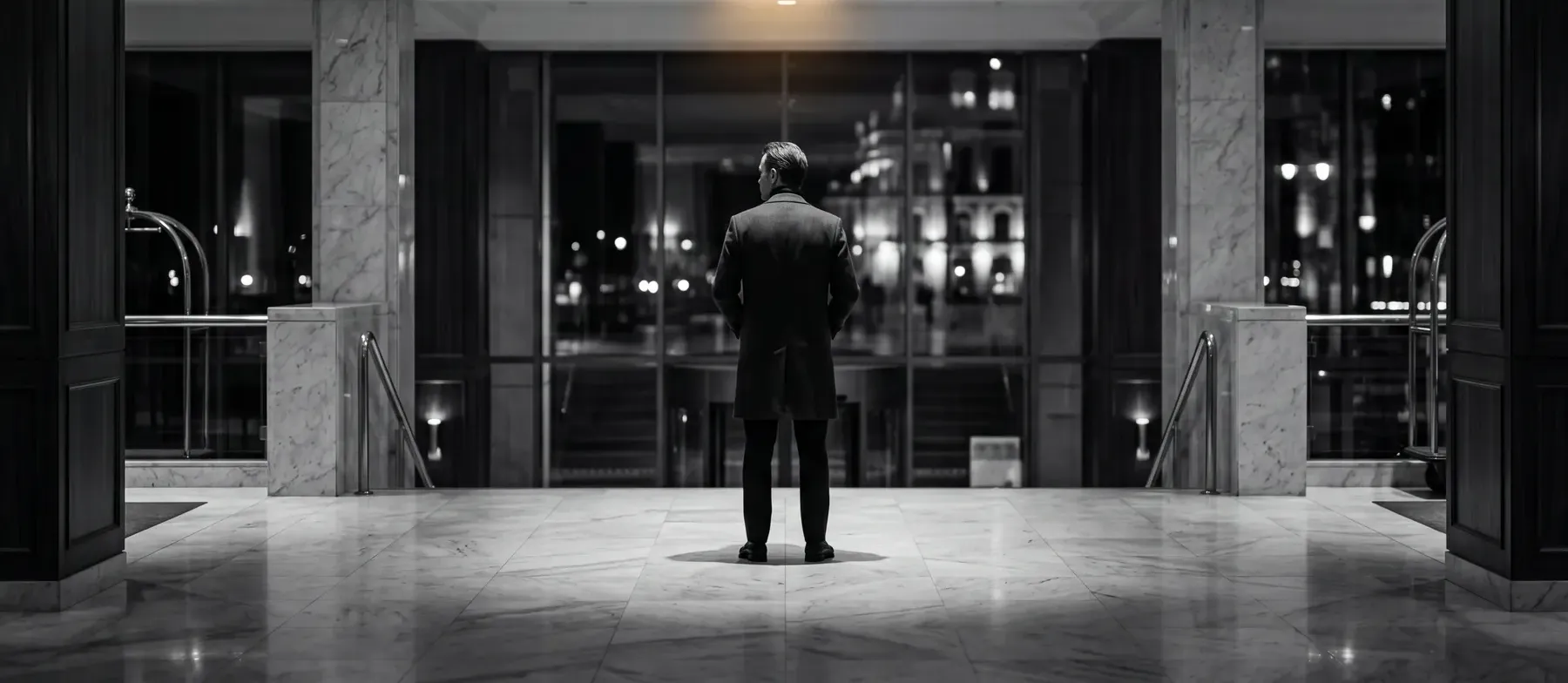 Homem de costas num lobby em preto e branco, diante de uma parede de vidro.
